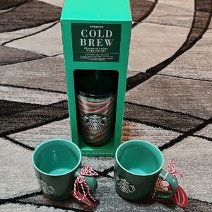 STARBUCKS COLD BREW TUMBLER & SET-OF-2 GREEN MUGS BUNDLE
